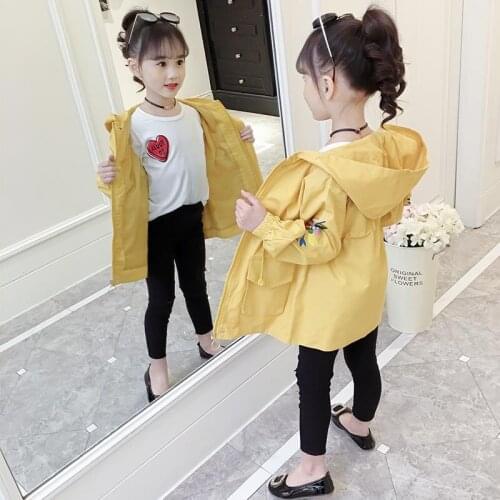 Girls Hooded Jacket Coat Spring Autumn Windbreaker Cotton Fabric Solid Color Embroidery Pattern Fashion Jacket Causal Coat 3-12T