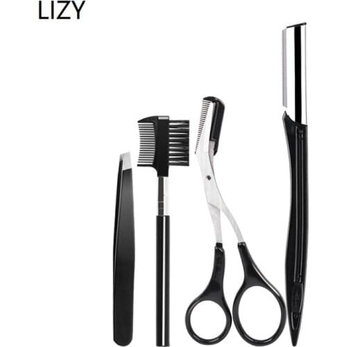 LIZY 4pcs Stainless Steel Eyebrow Trimmer with Comb Clip Eyebrow Clip Eyelash Brush Eyebrow Brushes Cosmetics Beauty Tools