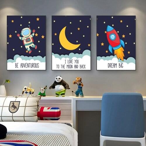 Cartoon Moon Astronaut and Rocket Wall Art Canvas Painting Nordic Posters and Prints Wall Pictures for Living Bedroom Decoration