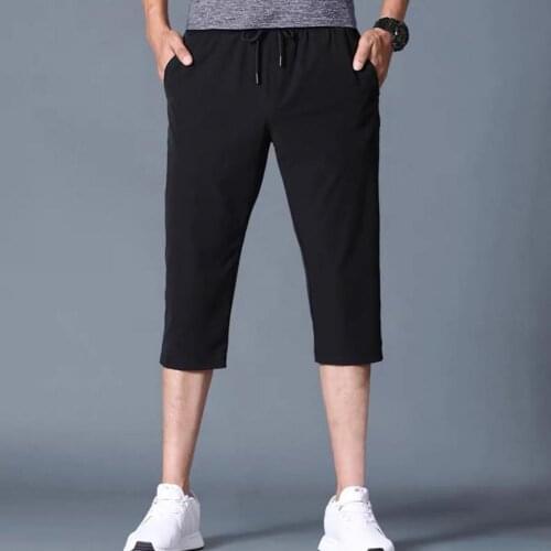 Casual Shorts Men 3/4 Capri Pants Solid Color Stretchy Men Drawstring Pockets Cropped Trousers for Sports Mens Clothing 2021