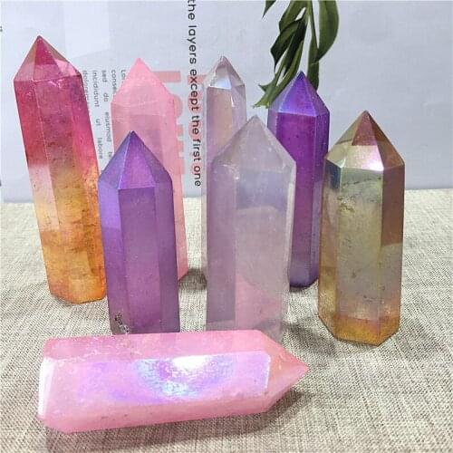 Natural clear Crystal Aura Hexagonal Rock Crystal Column Mineral Specimen Point Rainbow Wand Home Decor Reiki Healing Stone