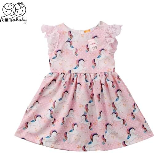 Newest Cute Baby Girl Unicorn Dress Summer Lace Fly Sleeve Party Pageant Pink Dress Toddler Kid Sundress Girl Clothes