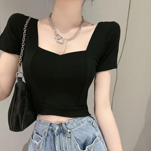 Slim Summer Sexy Style Club T Shirts for Women Square Collar Low-cut White Black Fashion Skinny Tees Ladies Crop Top New