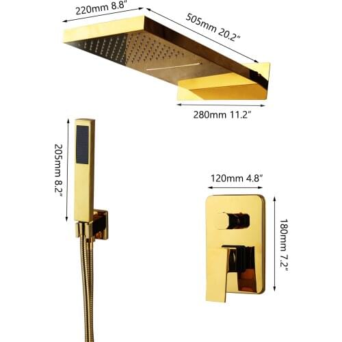 JIENI Luxury Golden Plated Solid Brass Rainfall Waterfall Bathroom Shower Hand 2 Ways Shower Mixer Bathroom Shower Set