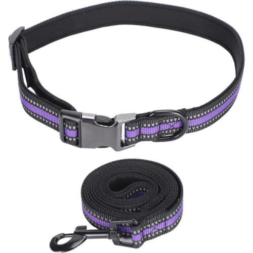 Pet Dog Collar Pet Accessories Pet Collar Set Reflective Adjustable Dog Leash Comfortable Safety Pet Supplies Purple Puppy