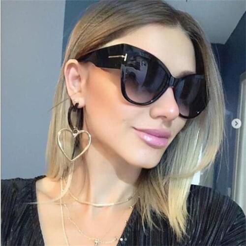 Shiny Black Womens Oversized Cateye Sunglasses Luxury Designer Shades Letter T Vintage Retro 90s glasses Women Big frame