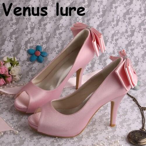 Satin High Heel Platform Shoes Pink Women Peep Toe Heels for Wedding Custom Handmade