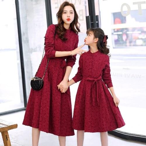 2020 Spring Vintage Mother Daughter Dresses Wine Red Lace Outfits Wedding Party Mom and Daughter Dress Family Matching Clothes