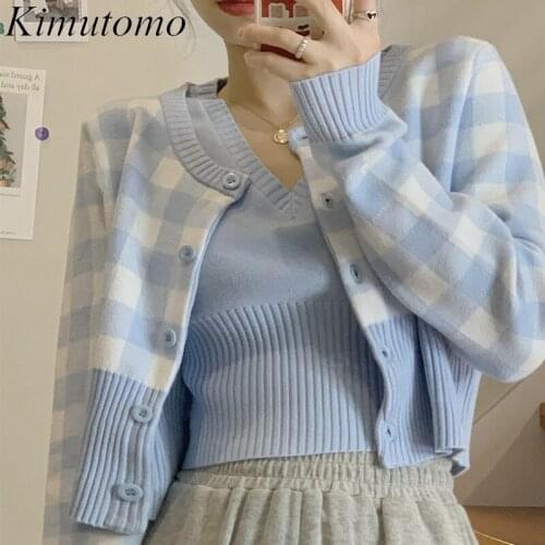 Kimutomo Vintage Knitwear 2 Piece Set Women Hong Kong Style Casual Long Sleeve Plaid Cardigans Autumn Fashion Solid V-neck Vest