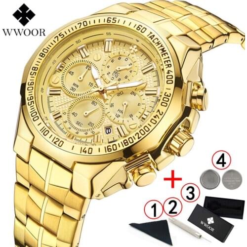 WWOOR Watch Men 2019 New Luxury Brand Chronograph Big Gold Watch Man Fashion Waterproof Sport Male Clock Man reloj hombre 2019