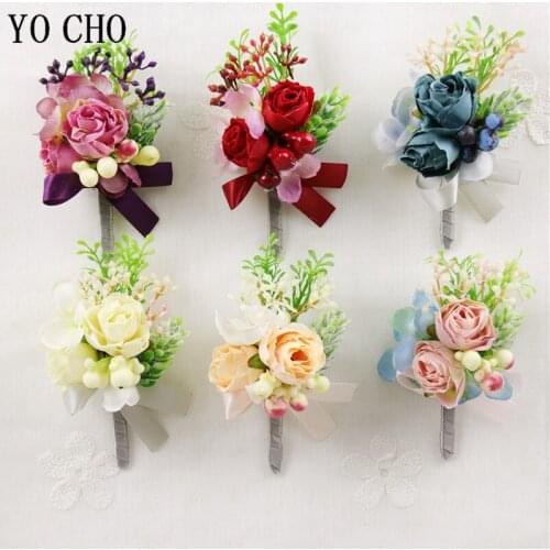 YO CHO Corsage And Boutonnieres Artificial Silk Rose Flower Berries Girl Wrist Corsage Wedding Men Prom Boutonniere Pink Flower