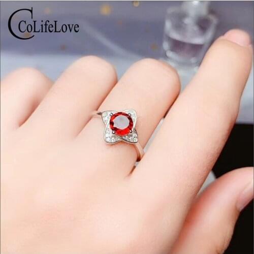 CoLife Jewelry 925 Silver Flower Ring for Daily Wear 6mm Round Natural Garnet Ring Sterling Silver Garnet Ring Gift for Girl