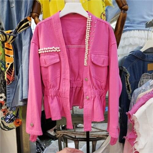 Autumn Korean Beading V-Neck Denim Jacket Coat Women 7 Color Outerwear Long Sleeve Elastic Waist Jeans Jacket Female Streetwear