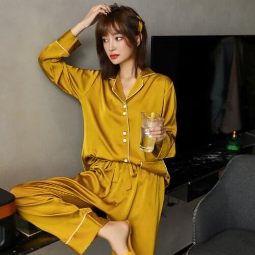 Womens Solid Color Silk Satin Homewear Pyjamas Long Sleeve Sleepwear Pajamas Suit Female Sleep Two Piece Set Loungewear