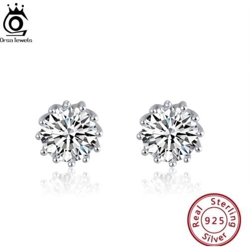 Stud Earrings ORSA JEWELS Real 925 Sterling Silver Flowers Big AAAA Cubic Zircon Women Stud Earrings Newest Cute Jewelry SE248
