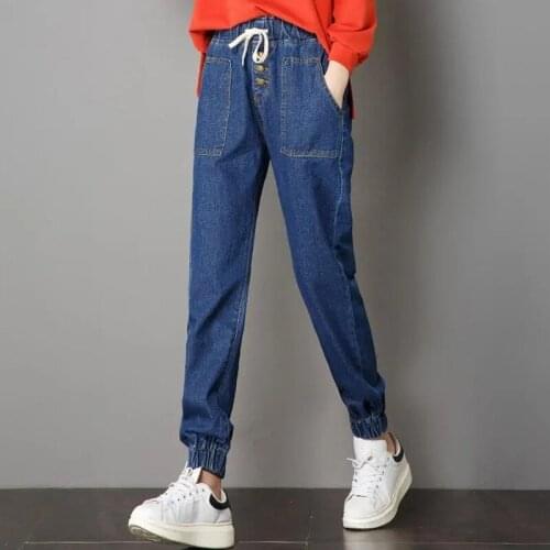 Women Drawstring Button Harem Jeans Plus Size Denim Boyfriend Pants Korean Casual Straight Pants Elastic High Waist Sweatpants