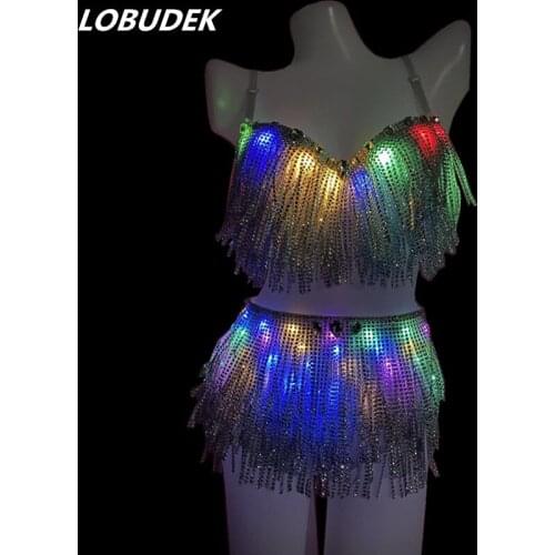 Rainbow Color LED Dance Costume Silver Tassels Colorful LED Bikini 2-Piece Set Women Stage Performance Outfit Nightclub Wear