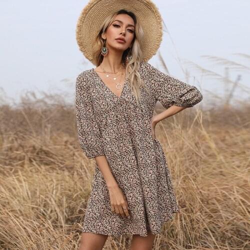 DIFIUPAI Elegant Casual Irregular Floral Dress Sexy Spring Half-sleeved V-neck Women Dresses Autumn Wrap Lace-up with Big Swing