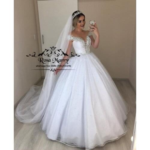 Luxury Crystals Beaded Ball Gown Wedding Dresses 2020 Vintage Lace PLus Size Sequined Arabic Mulsim Vestido De Novia Bridal Gown