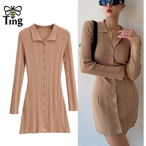Tingfly Women Chic Street Fashion Knit Single Breasted Mini Short Dress Knitwear Sexy Fitness Hot Clubwear Vestidos Zaful Za