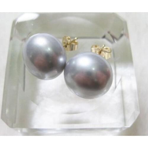 Free shipping Gorgeous AAA 9.5-10.5mm south sea gray natural pearl earring 14k/20 yellow gold