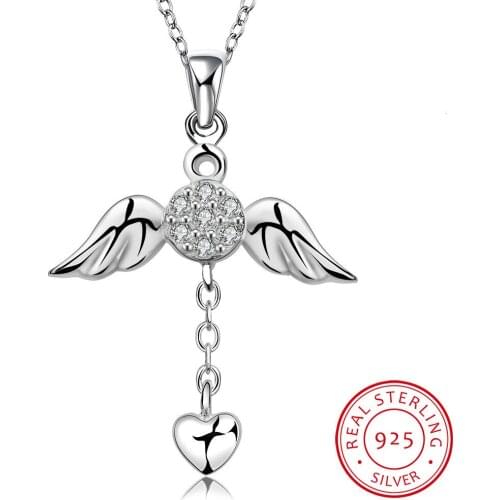 Lekani Genuine 925 Sterling Silver Necklace Fine Jewelry Angel Wings With A Heart Pendant Necklace Statement Choker Holiday Gift
