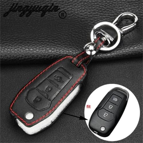 Jingyuqin 3 Buttons Leather Flip Folding Remote Car Key Case Cover Styling For Ford Everest Explorer Edge Focus Kuga keychain