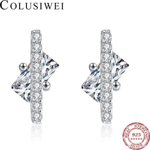 Colusiwei Brand Genuine 925 Sterling Silver Rectangle Crystal with Retro Zirconia Geometric Stick Stud Earring for Women Jewelry