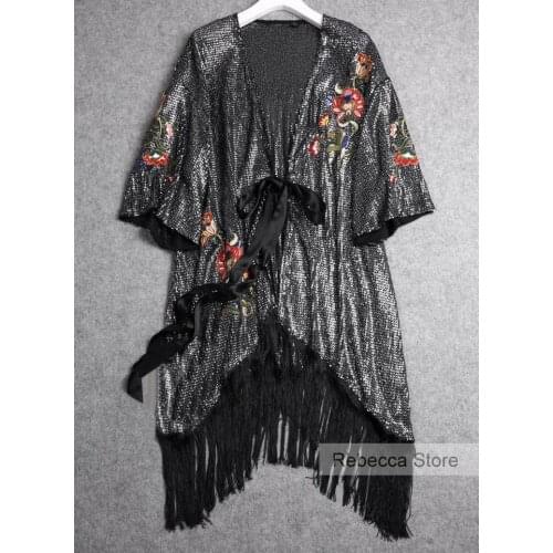 [ElfStyle] - Woman Floral EMBROIDERED AND SEQUINNED Long Wrap kimono dress Side belt fastening 3/4 Sleeves Black Tassels Trimed