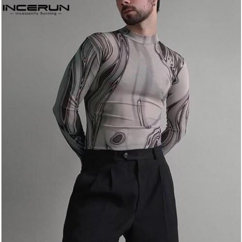 Fashion Men Printing T Shirt Round Neck Long Sleeve Casual Undershirt Streetwear 2021 Fitness Autumn Men Clothing INCERUN S-5XL