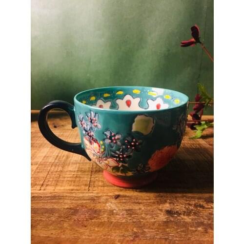 Ceramic hand-painted embossed flowers ethnic style Ceramic mug Breakfast cup Cereal cup
