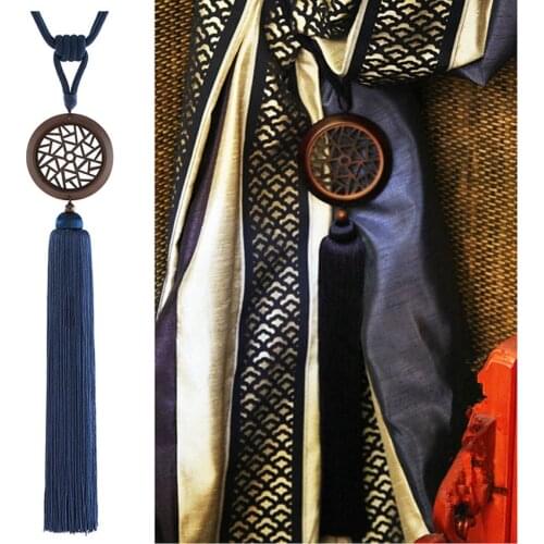 Chinese 2Pcs/pair Wood Curtain Tiebacks Long Tassel Fringe Brush Ropes Straps Buckle Curtain Holder Accessories Tieback Hook