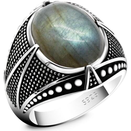New Mens Moonstone Ring 925 Sterling Silver Natural Oval Luminous Gemstone Ring for Men and Women Retro Turkish Lucky Jewelry