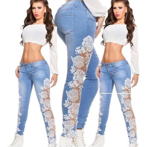 Lace Womens Jeans Spring and Autumn Sexy Cutout Lace Slim Denim Trousers Pocket Fashion Elastic High Waist Jeans Women Clothing