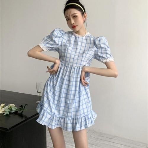 2021 Summer New Student Korean Blue Plaid Puff Sleeve Dress Women Sweet Ruffled Cute Doll Dress