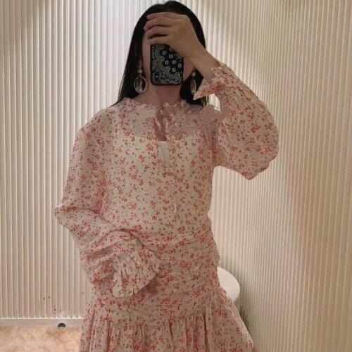 2021 Summer New Sweet Floral Round Neck Tie Thin Puff Sleeve Blouse