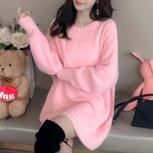 2020 Autumn Winter Korean Fashion Hedging Sweater Woman Mid-Length Loose Round Long sleeve Neck Retro knitting Sweaters Female