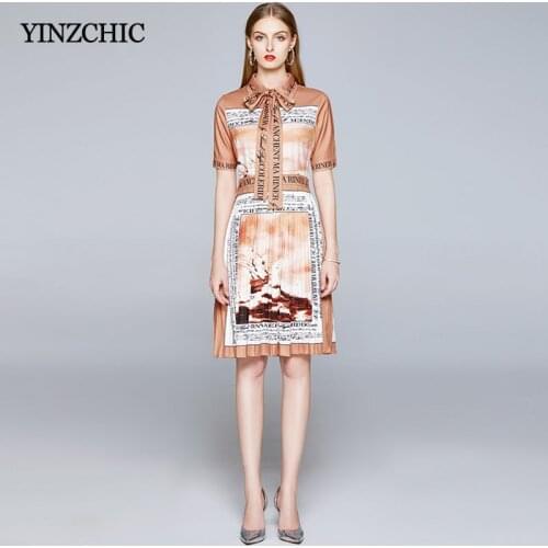 Letter Printed Woman Pleated Dress Turn-down Collar Ladies Midi Dress Summer New Female Elegant Dresses