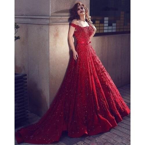 Glamorous Red Off the Shoulder A Line Evening Dresses Lace Appliques Sequined Bow Tie Belt Special Occasion Dress