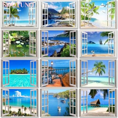 SDOYUNO Frameless DIY Painting By Numbers Modern Wall Art Landscape Window Beach Digital Painting Hand Painted Acrylic Paint For