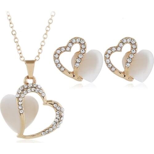 FYJS Unique Light Yellow Gold Color Romantic Love Heart Cat Eye Stone Necklace Earrings for Valentines Day Jewelry Sets