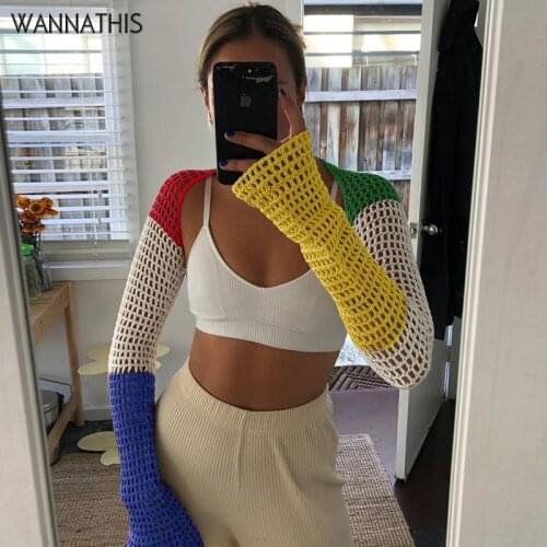 WannaThis Patchwork Hollow Out Cardigans Long Sleeve Knit Color Crop Top Womens Spring Chic Casual Sexy Korean Cropped Tee 2021