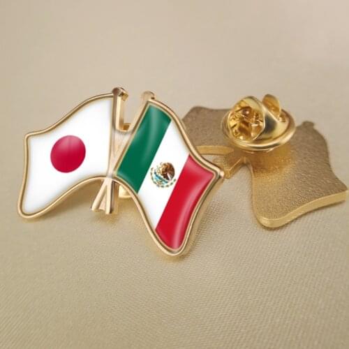 Japan and Mexico Crossed Double Friendship Flags Lapel Pins Brooch Badges