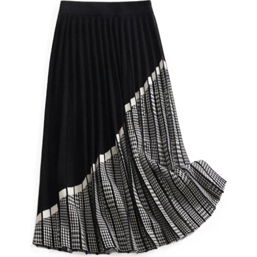 Shuchan Faldas Mujer Moda 2021 Patchwork Pleated Skirts Vintage Knitting Mid-Calf Korean Style Long Skirts for Women