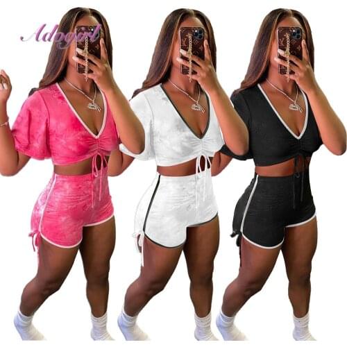 Women‘S Suit Summer Homewear Two Piece Set Casual Solid Short Sleeve Crop Tops T-Shirt Drawstring Shorts Outfit Jogger Tracksuit