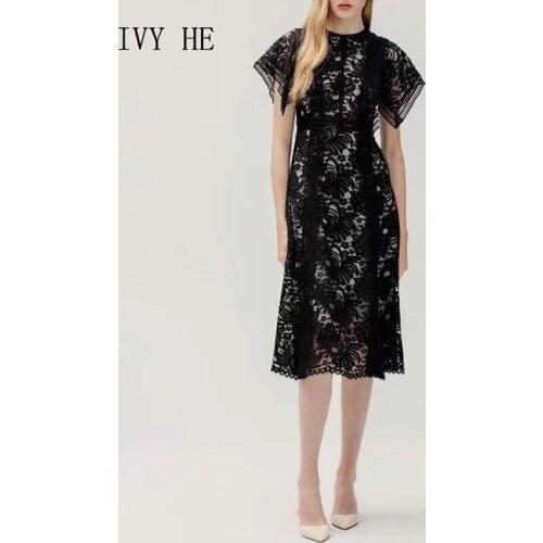 IVY HE Designer Fashion Hollow Out Summer Lace Black Dress Vintage Elegant Midi Long Office Lady Work Dresses Elbise Clothes Za