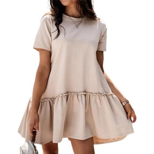 Fashion Summer Women Dress Short Sleeve Solid Color Loose Female Women Round Neck Ruffle Hem Dress платье летнее женское 2021