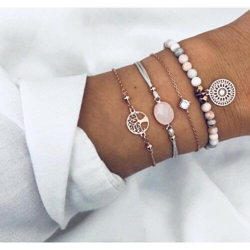 Bohemia Pink Crystal Beads Bracelets Set for Woman Gold Round Tree Life Chain Tassel Charm Bracelet Female Fashion Jewelry Gifts