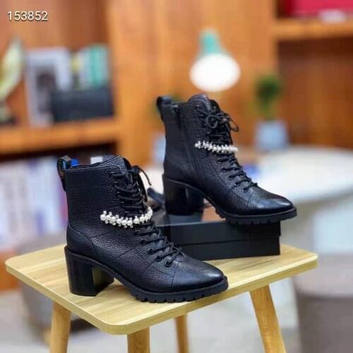 Womens Shoes Black Grained Leather Combat Boots With Crystal And Pearl Detailing
