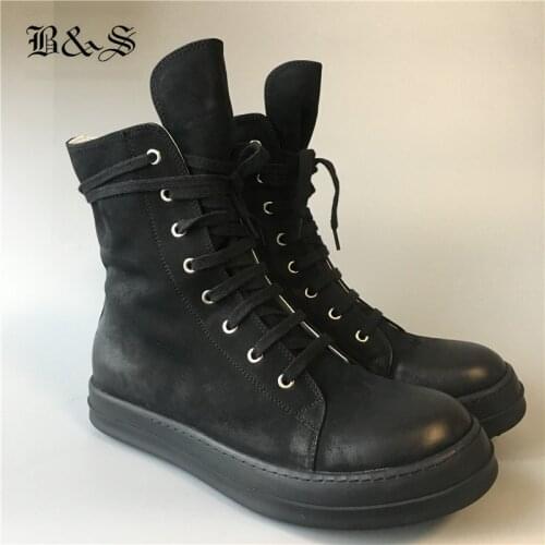 Black& Street Exclusive Handmade nubuck Real Leather vintage Lace Up High Boots flat sneaker Cow Leather retro Shoes